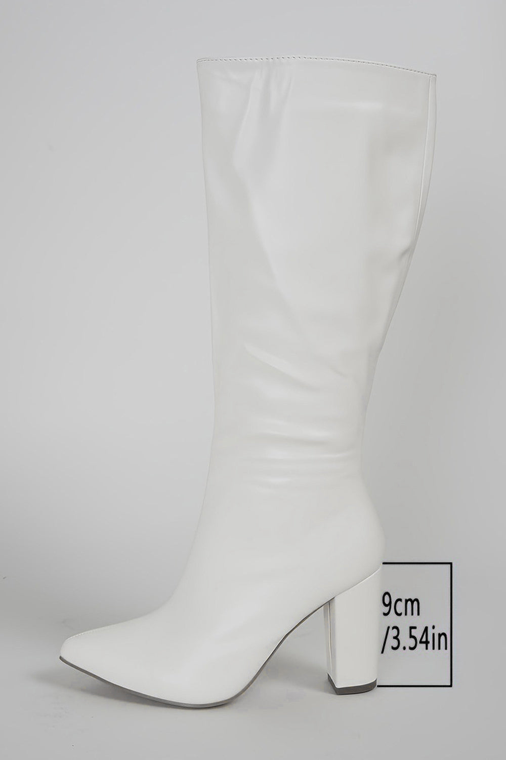 White Go Go Pointed Toe Knee High Chunky Heel Boots