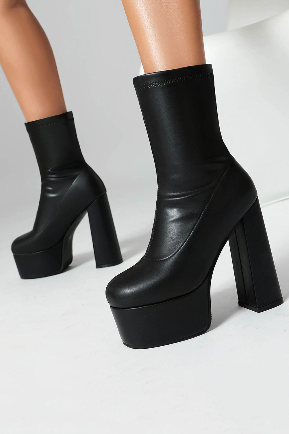 Black Go Go Chunky Platform Round Toe Heeled Ankle Boots