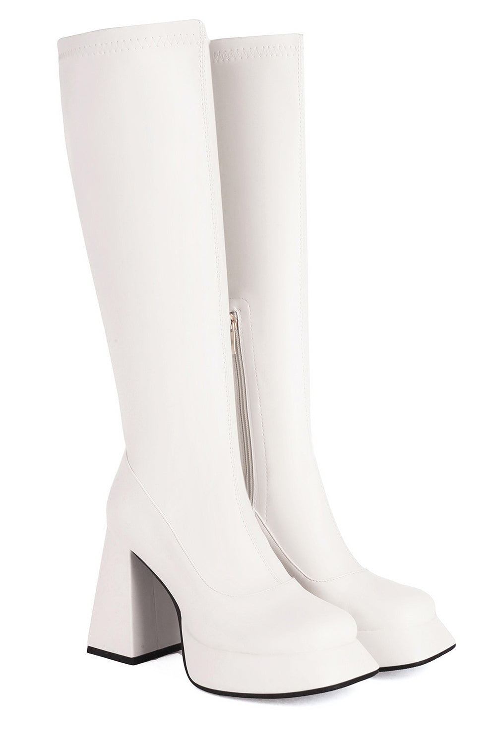 White Platform Go Go Knee High Square Toe Chunky Heel Boots