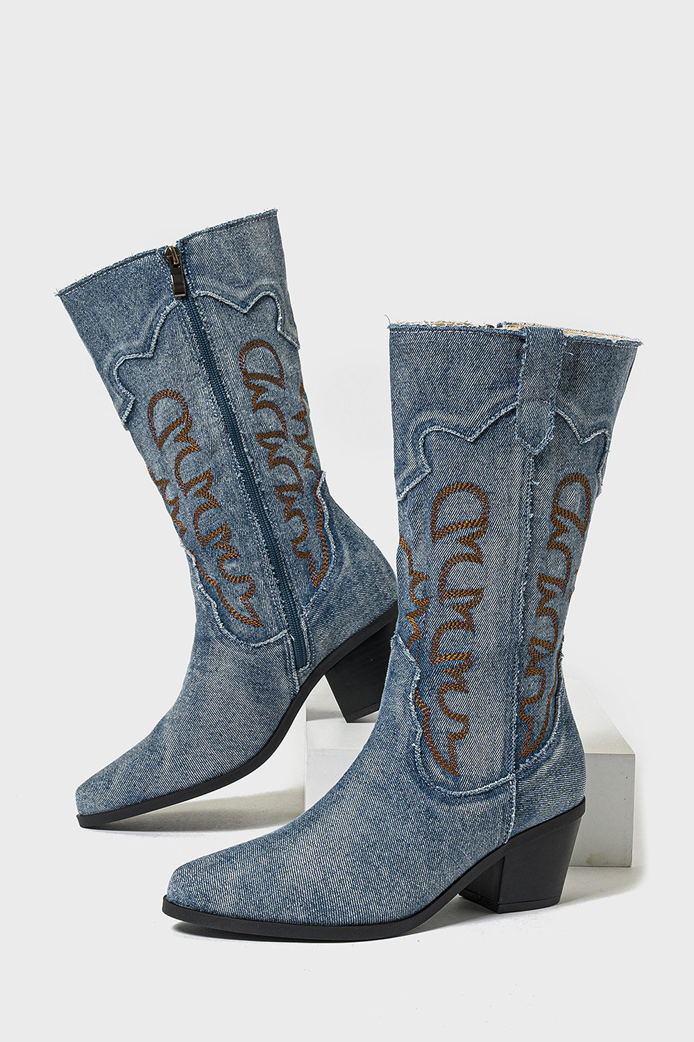 Dark Blue Western Embroidered Mid Calf Chunky Heel Cowgirl Boots