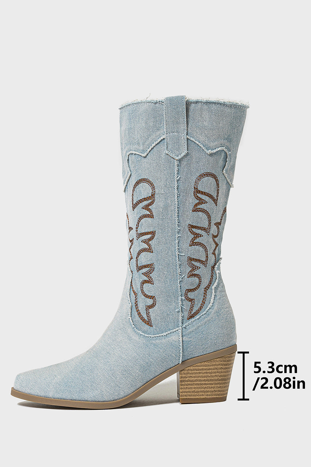 Dark Blue Western Embroidered Mid Calf Chunky Heel Cowgirl Boots