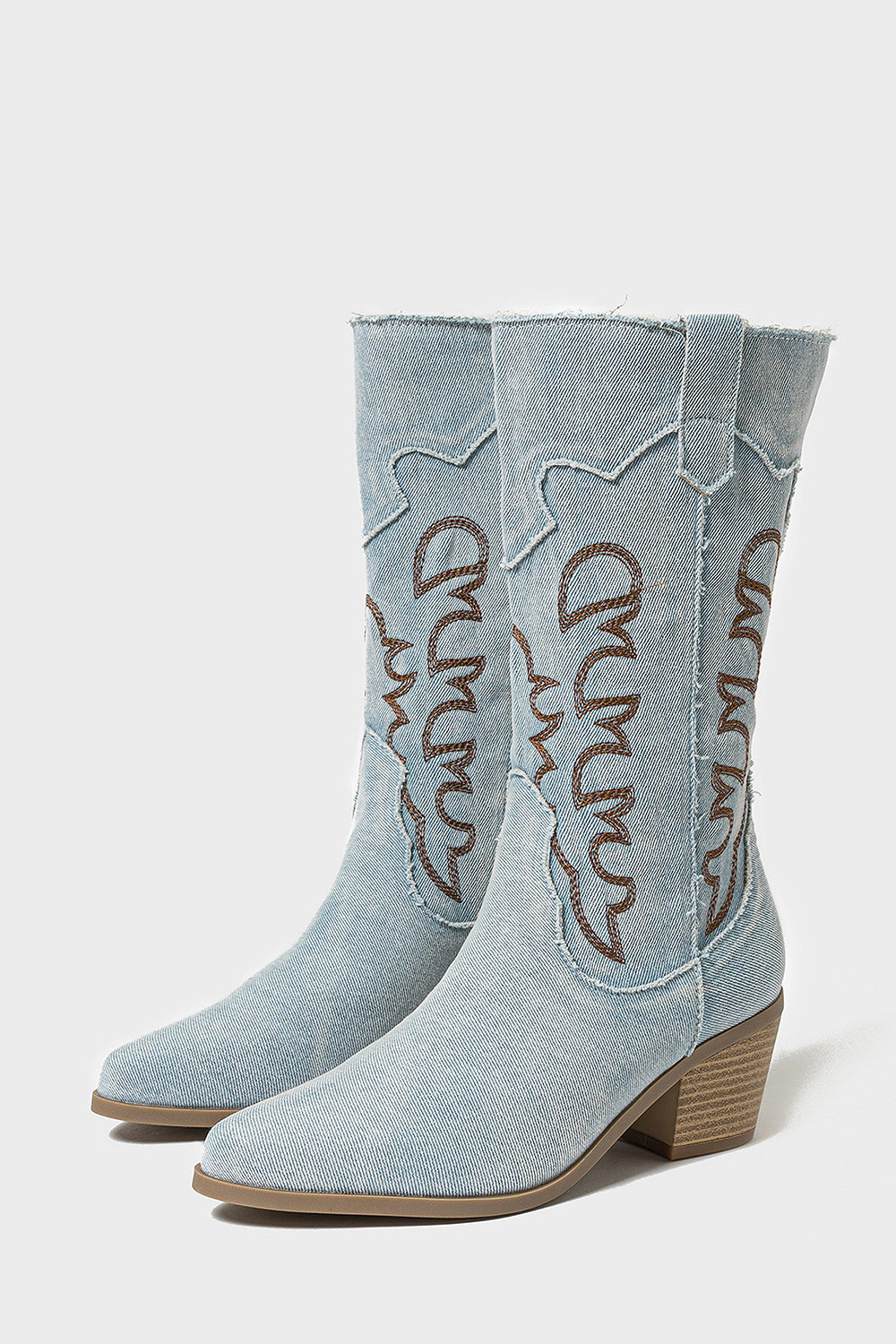 Dark Blue Western Embroidered Mid Calf Chunky Heel Cowgirl Boots