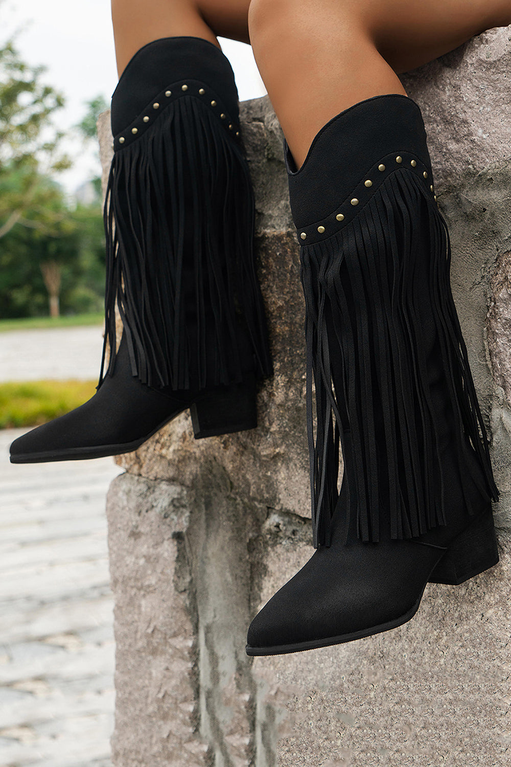 Khaki Mid Calf Chunky Heel Cowgirl Boots with Fringes