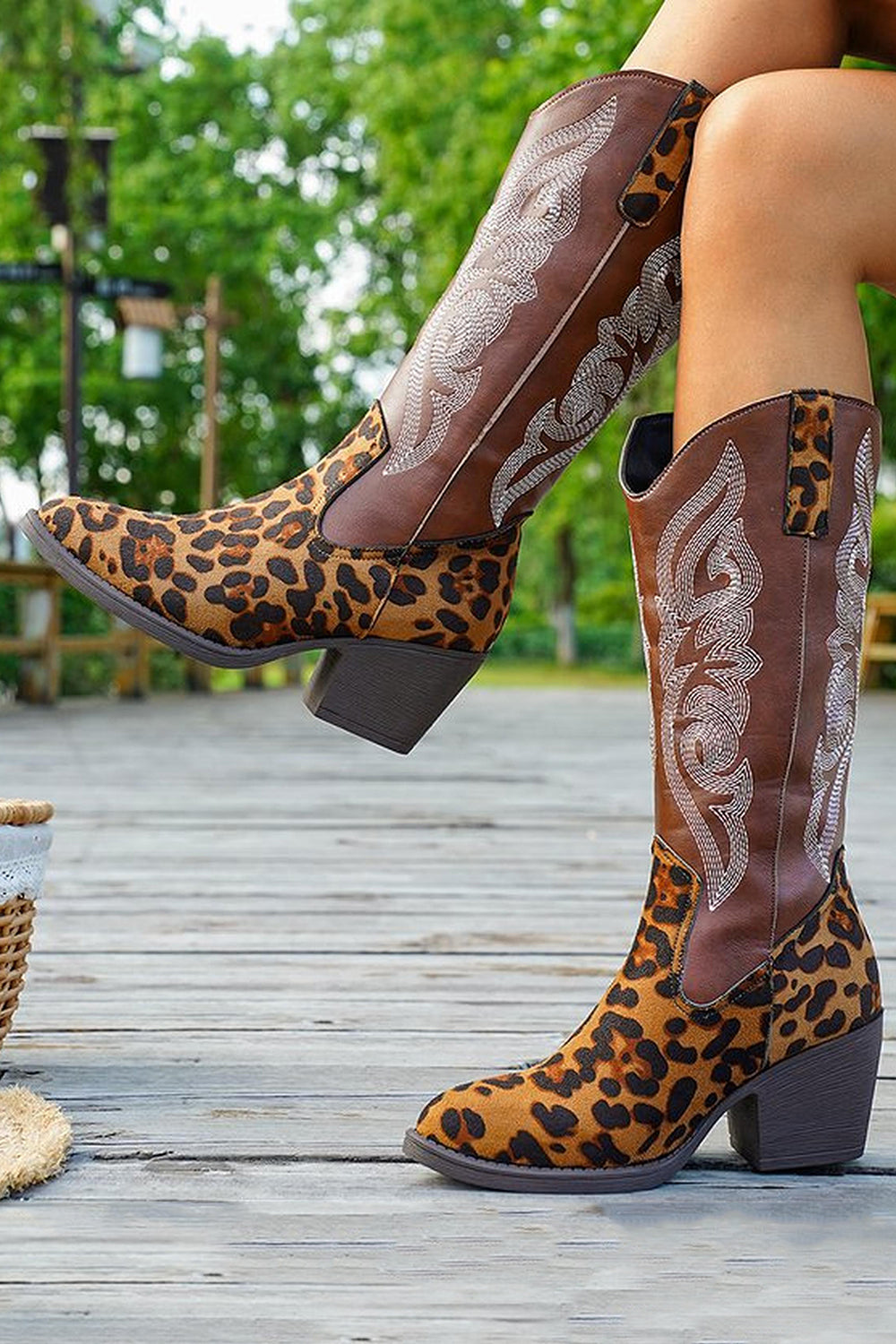 Brown Leopard Wide Calf Pointed Toe Chunky Western Cowgirl Heel Boots