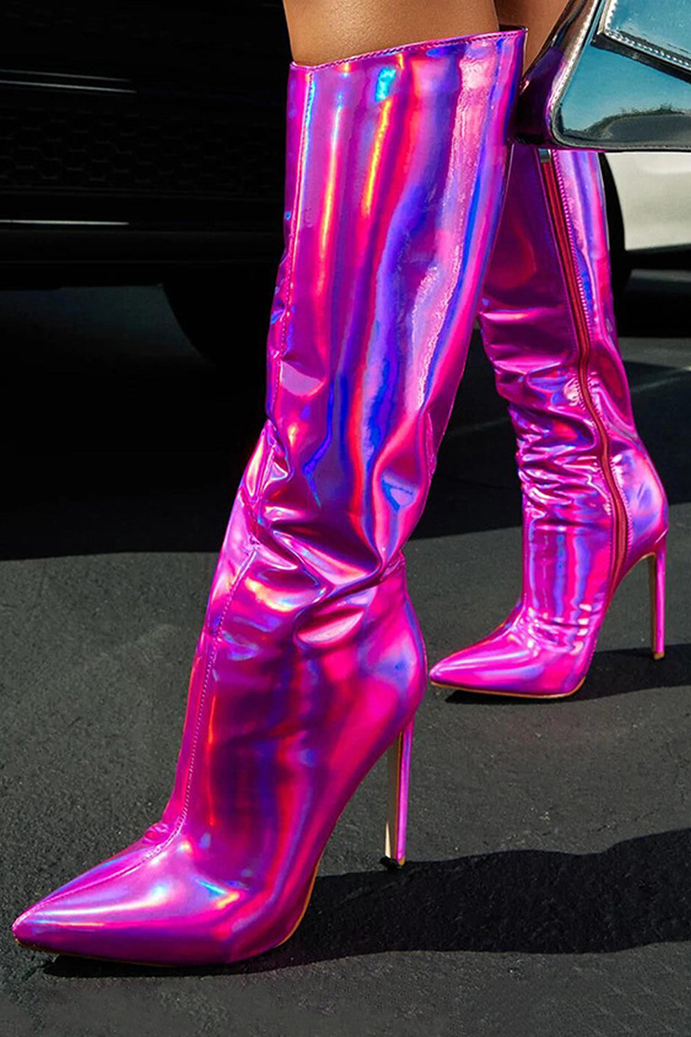 Sparkly Fuchsia Knee High Stiletto High Heel Boots