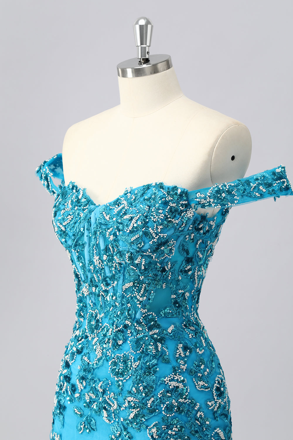 Sparkly Blue Off the Shoulder Short Corset Homecoming Dress with Beading