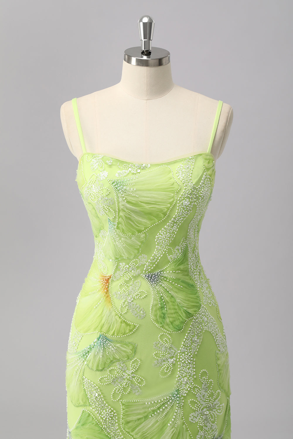 Sparkly Green Sheath Beaded Long Flroal Prom Dress with Slit