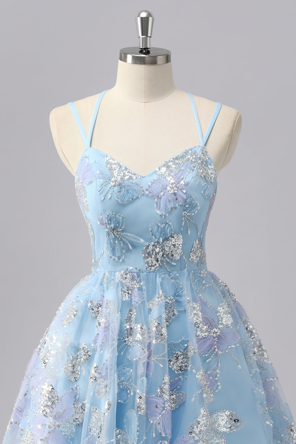 Floral Blue A-Line Short Sparkly Homecoming Dress with Sequins