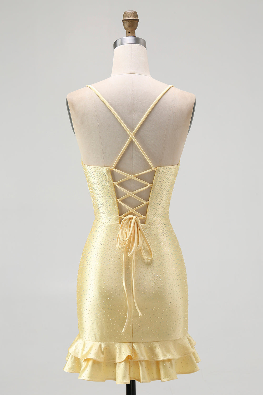 Sparkly Yellow Satin Ruffled Short Tight Homecoming Dress with Beading