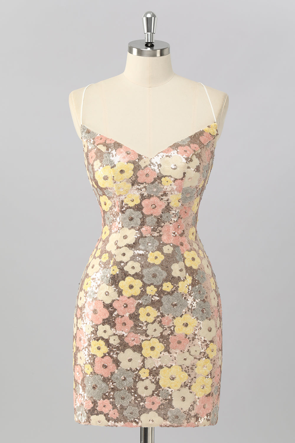 Sparkly Yellow Sequin Cami Tight Short Floral Homecoming Dress