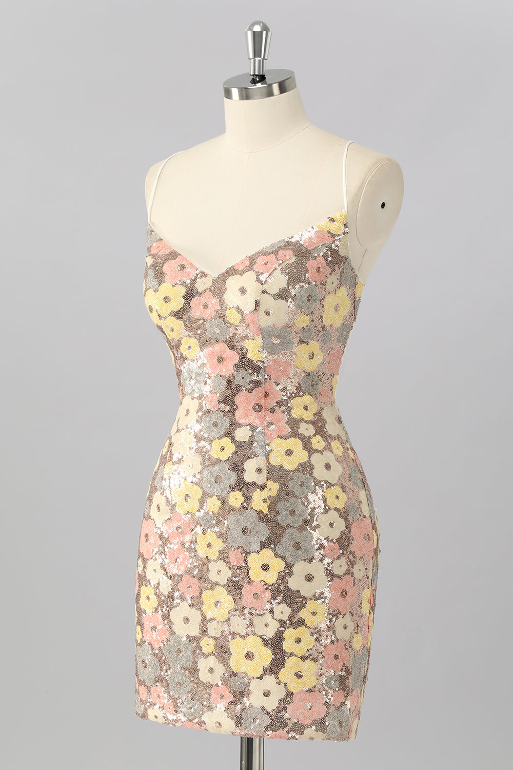 Sparkly Yellow Sequin Cami Tight Short Floral Homecoming Dress