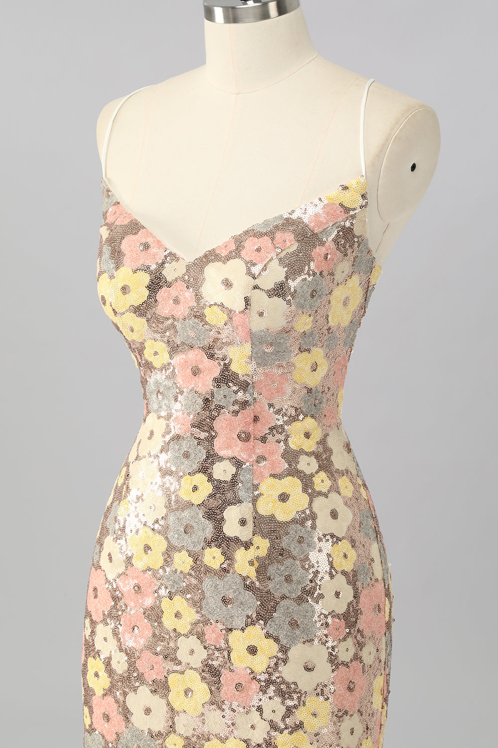 Sparkly Yellow Sequin Cami Tight Short Floral Homecoming Dress