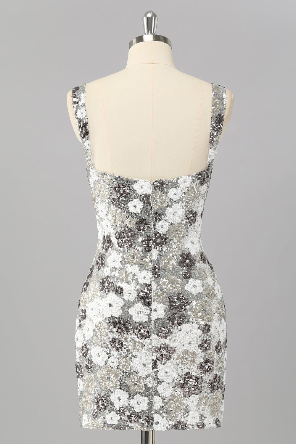 Sparkly Silver Tight Sequins Short Floral Homecoming Dress with Slit