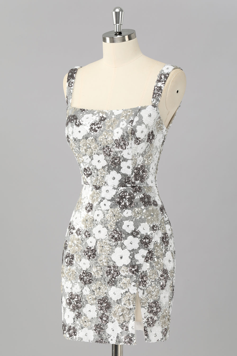 Sparkly Silver Tight Sequins Short Floral Homecoming Dress with Slit