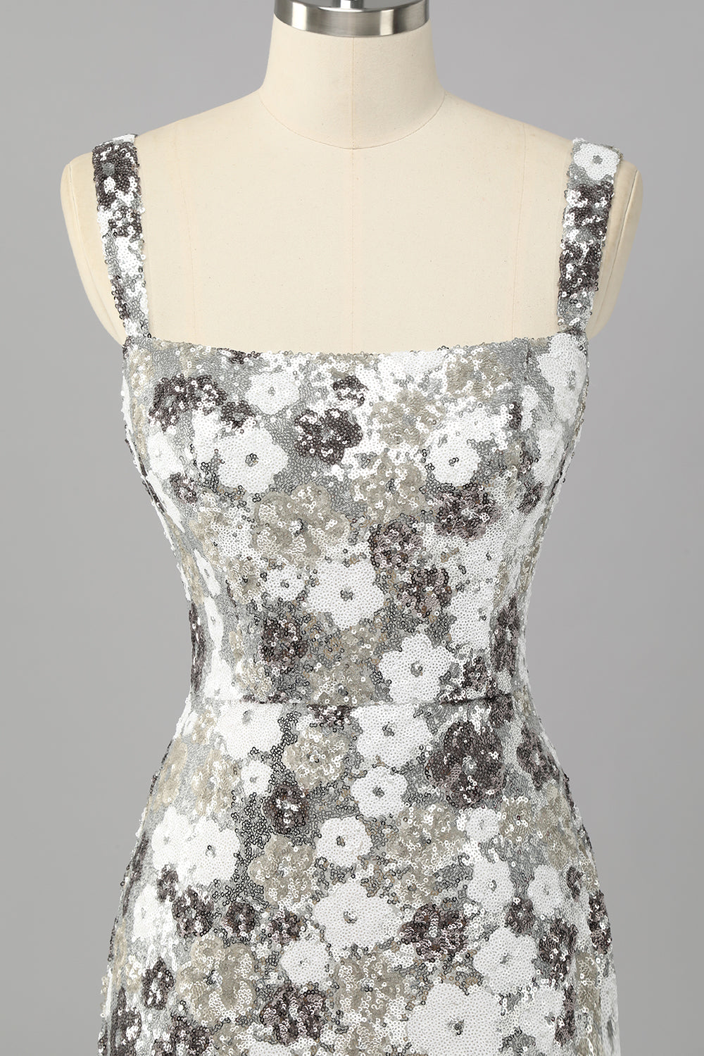 Sparkly Silver Tight Sequins Short Floral Homecoming Dress with Slit