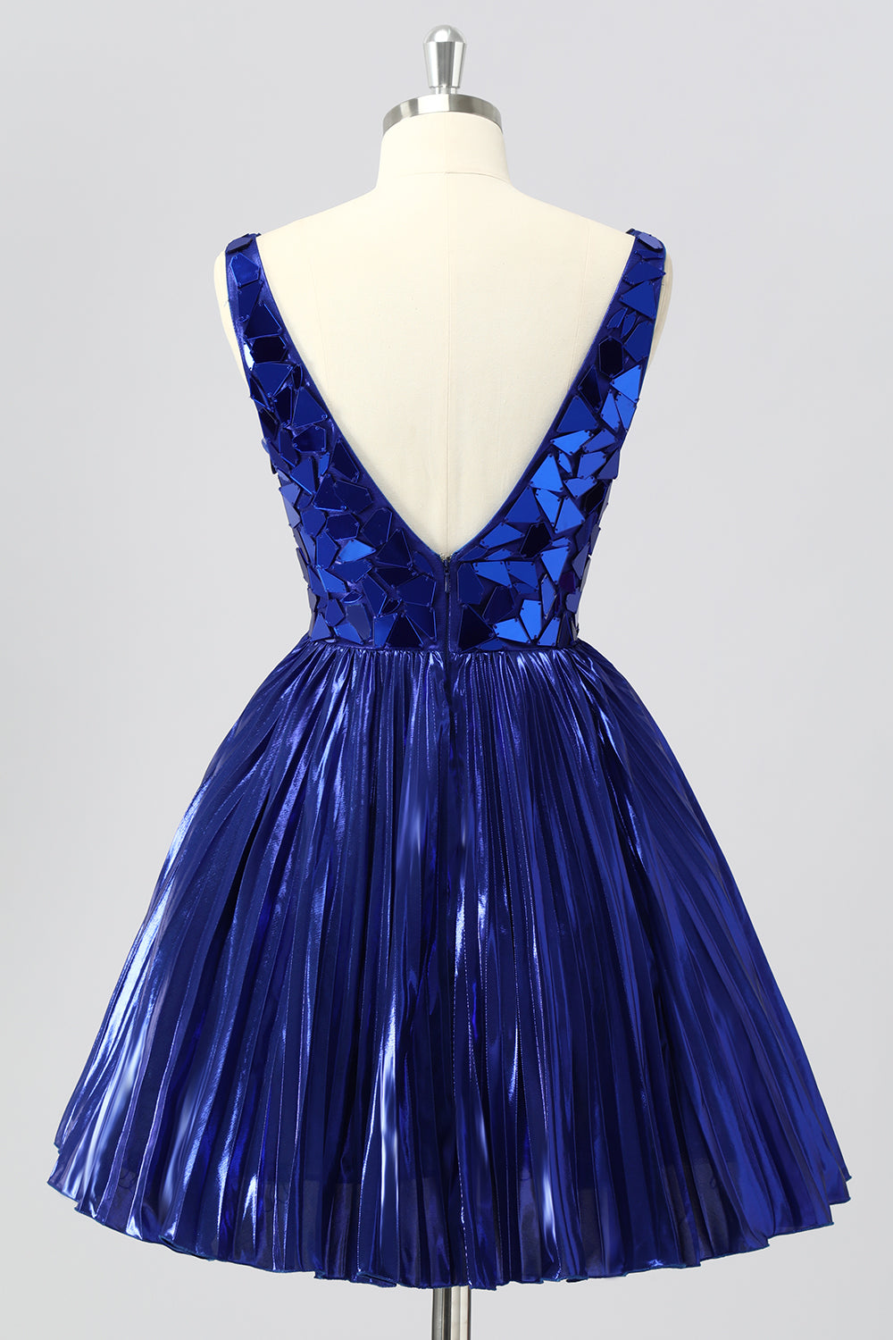 Metallic Royal Blue A-Line V-Neck Short Mirror Homecoming Dress