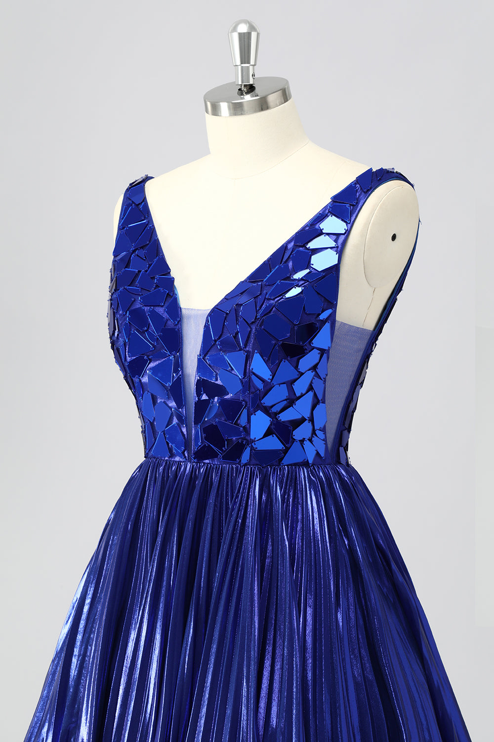 Metallic Royal Blue A-Line V-Neck Short Mirror Homecoming Dress