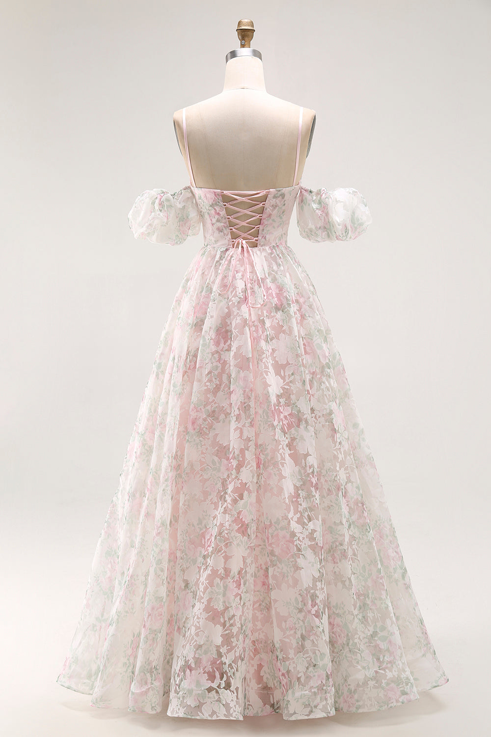 Floral Blush A-Line Detachable Sleeves Long Prom Dress with Ruffles