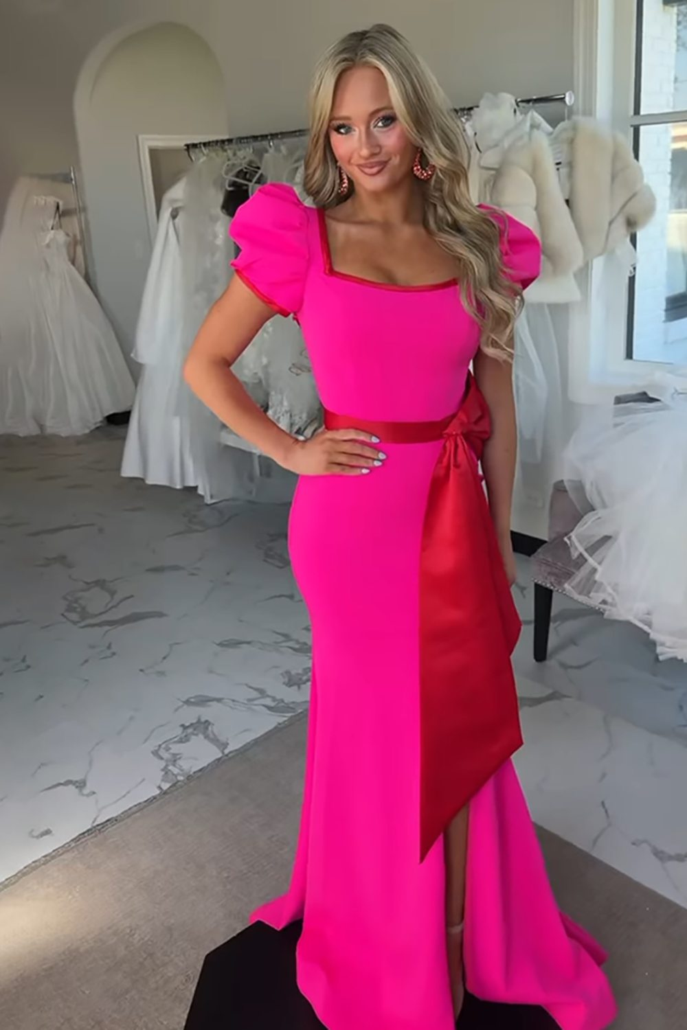 Fuchsia Square Neck Puff Sleeves Mermaid Long Prom Dress with Bow