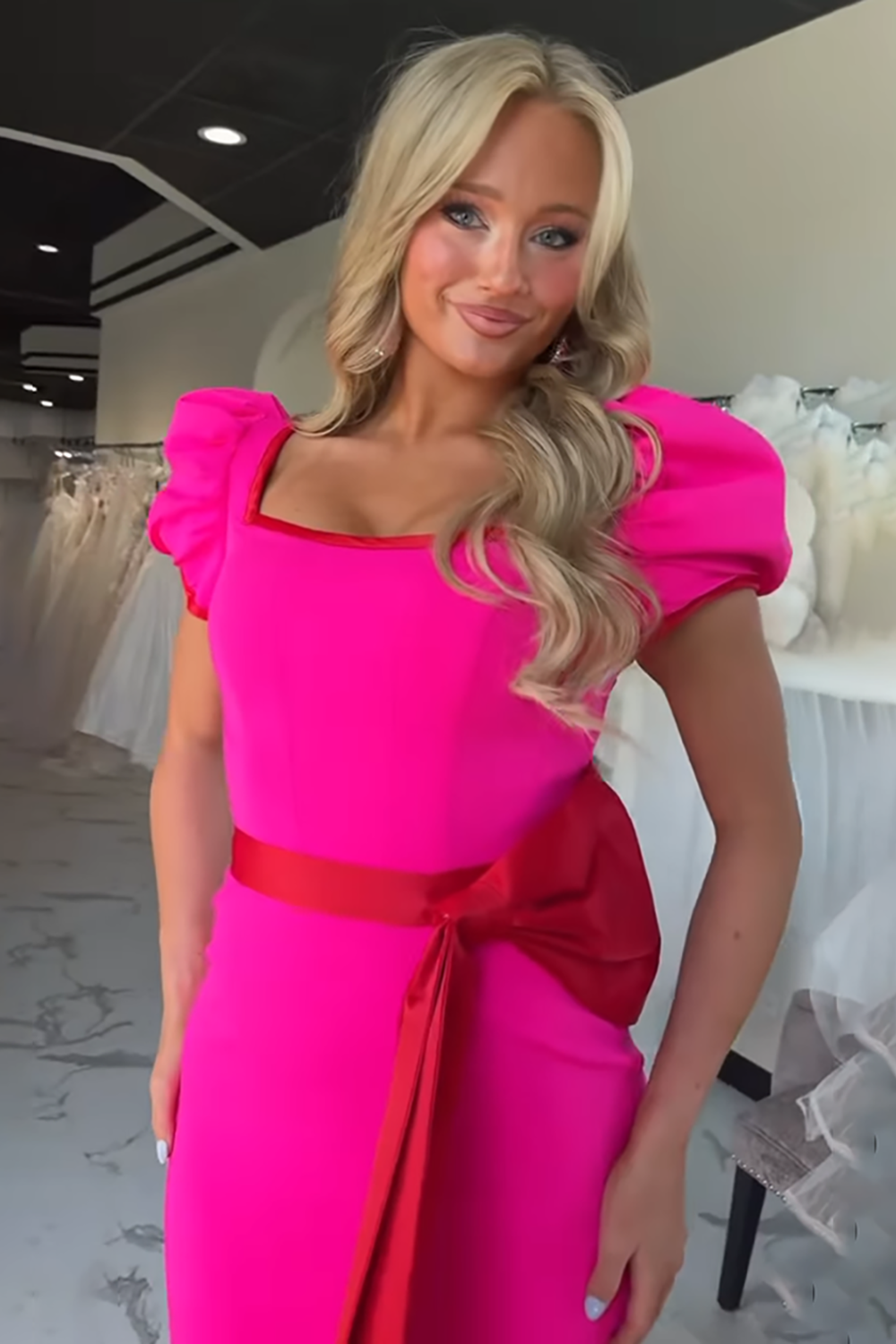 Fuchsia Square Neck Puff Sleeves Mermaid Long Prom Dress with Bow