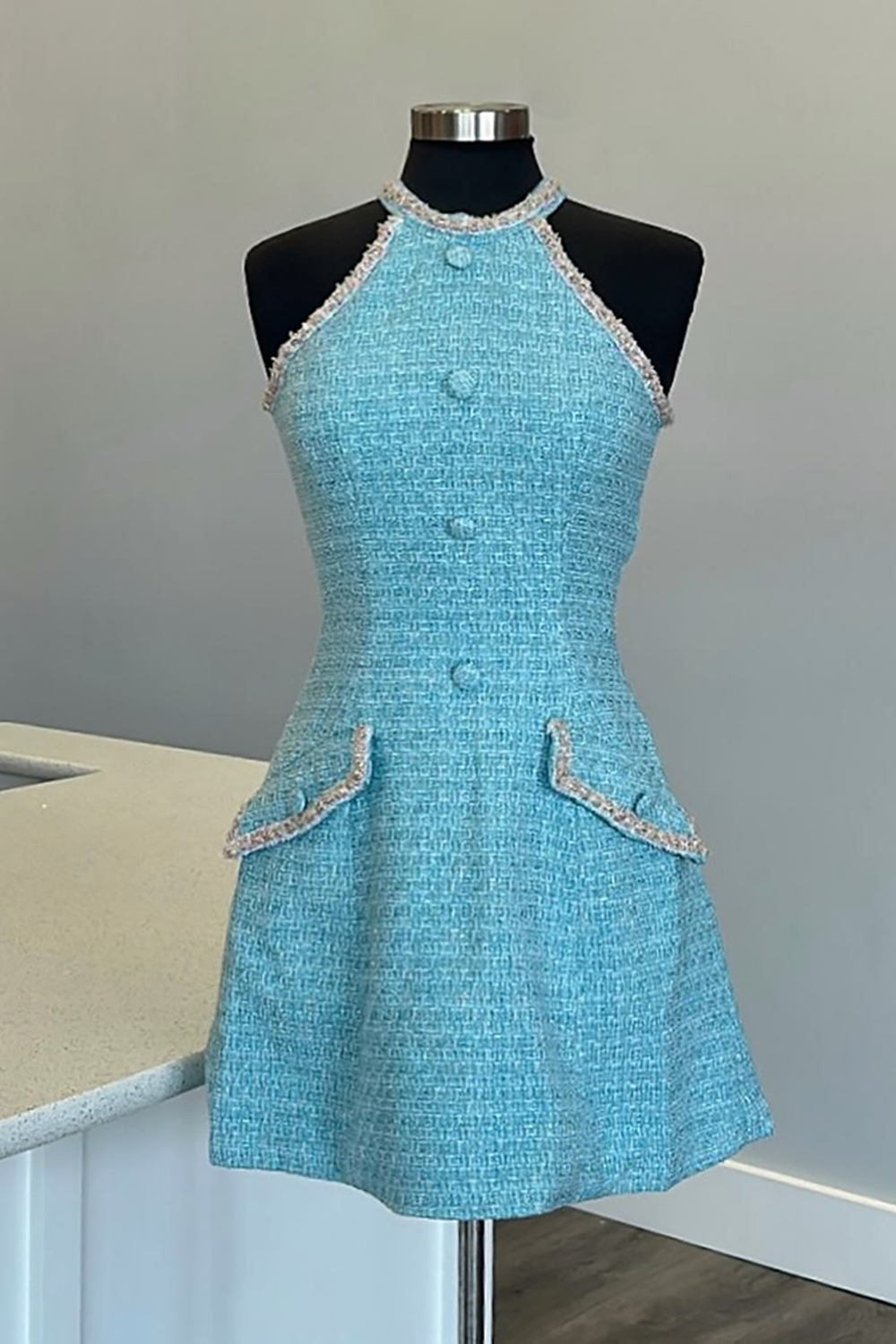 Blue Halter Tweed Short A-Line Homecoming Dress with Pockets