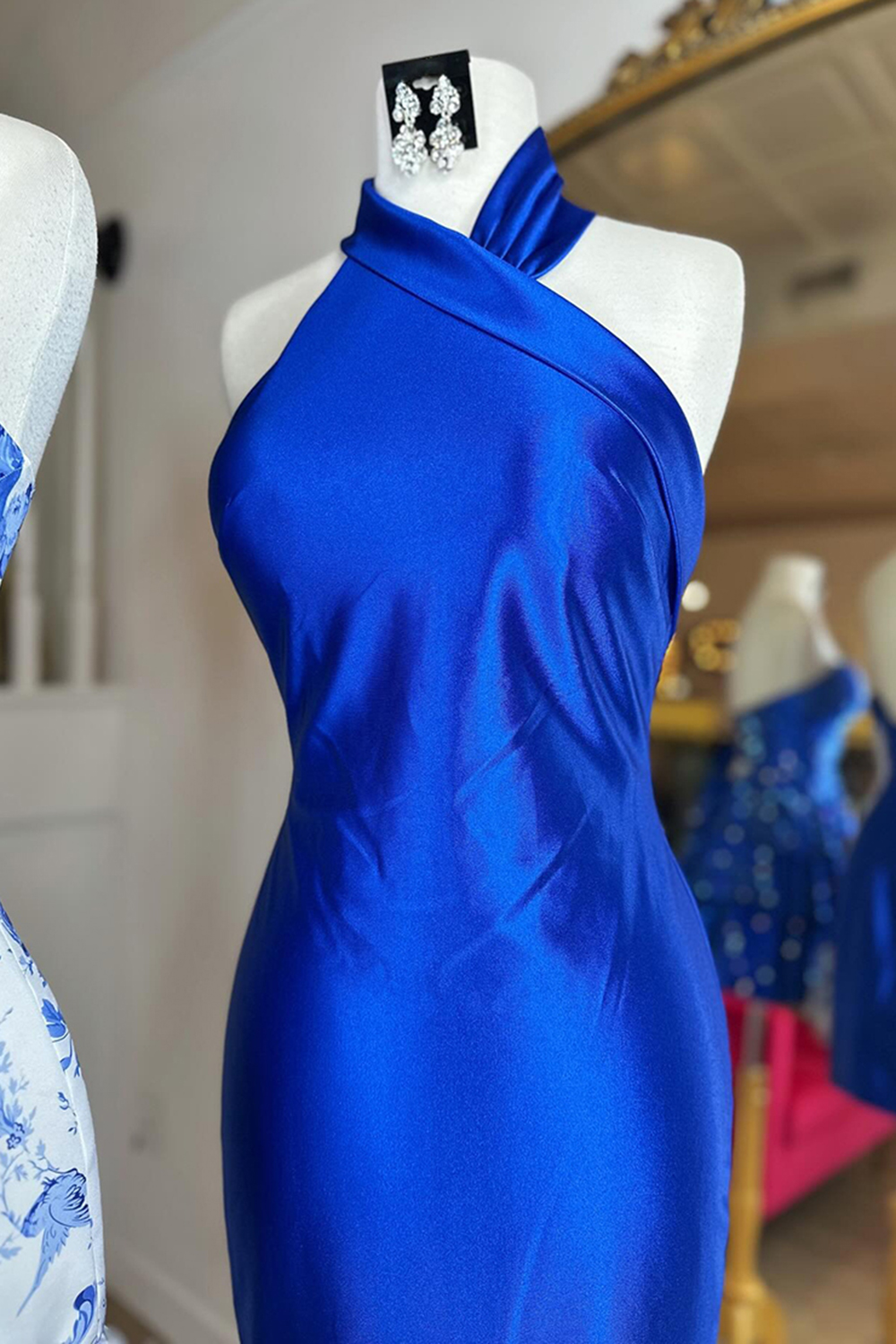 Royal Blue Halter Satin Backless Tight Short Homecoming Dress