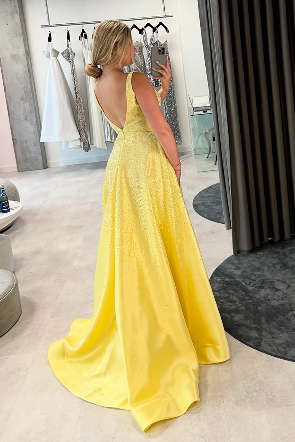 Sparkly Yellow V-Neck Satin A-Line Long Prom Dress with Beading