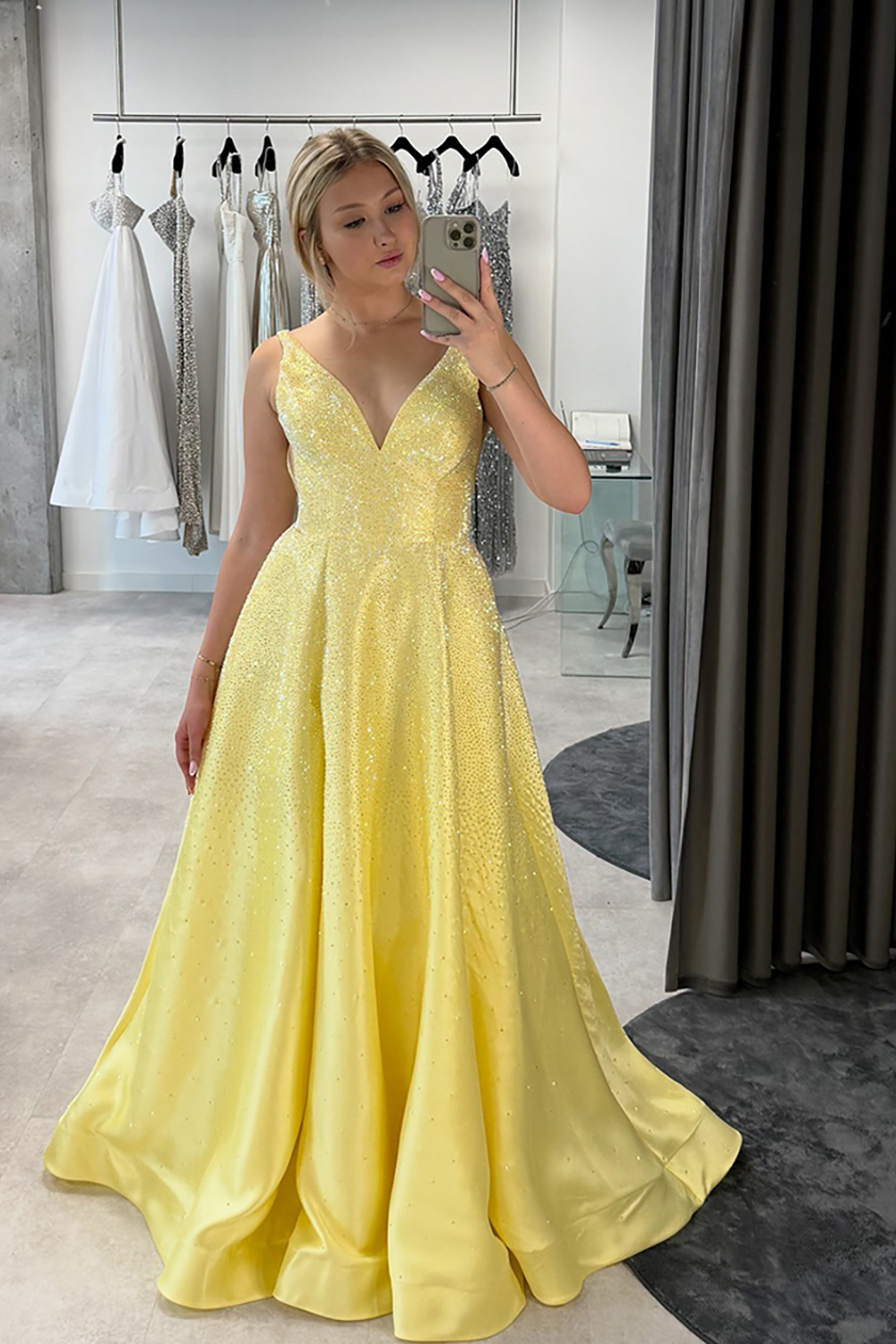 Sparkly Yellow V-Neck Satin A-Line Long Prom Dress with Beading
