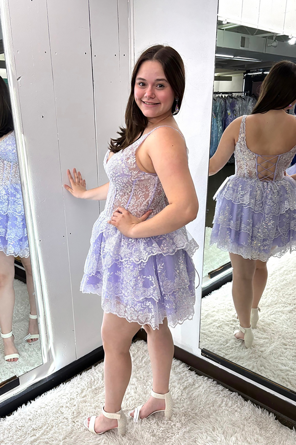 Lilac Thick Straps Lace Ruffled Corset A-Line Short Homecoming Dress 