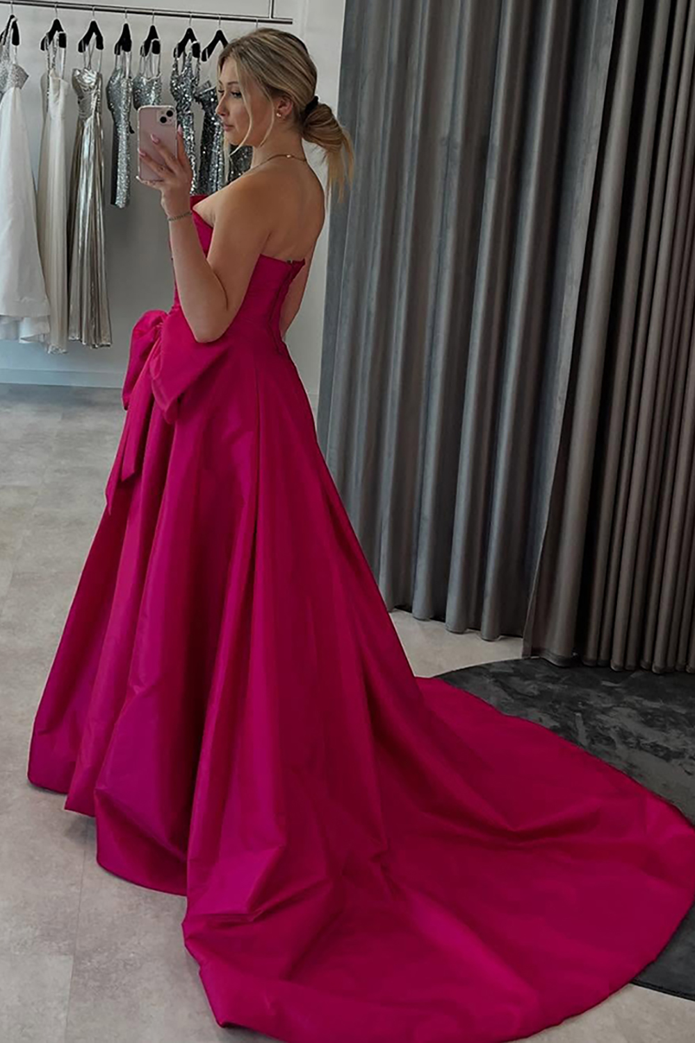 Fuchsia Satin Ruched Strapless A-Line Long Prom Dress with Bow