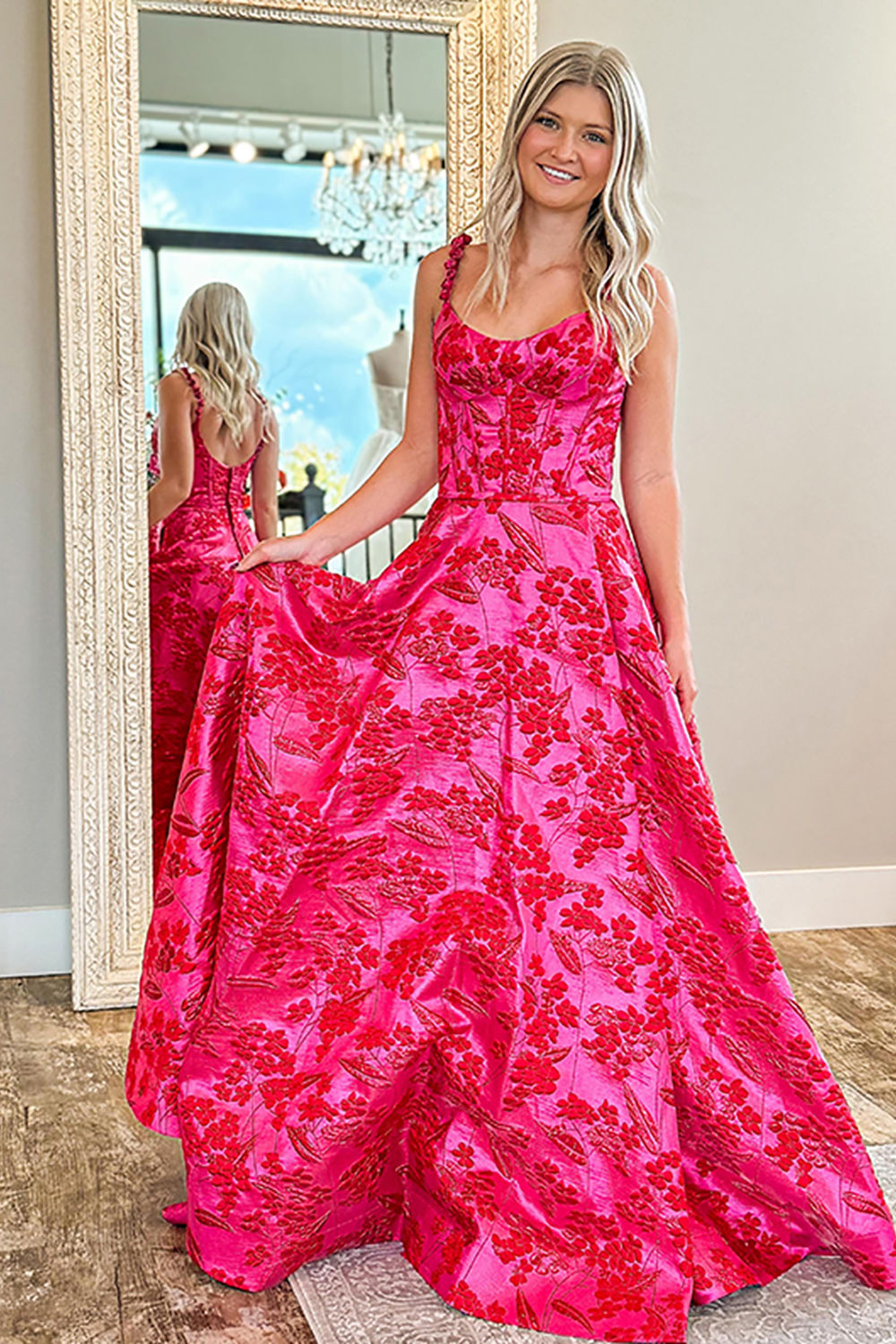 Fuchsia Floral Scoop Neck A-Line Long Corset Prom Dress with Slit