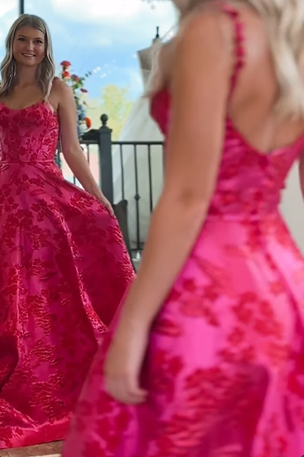 Fuchsia Floral Scoop Neck A-Line Long Corset Prom Dress with Slit