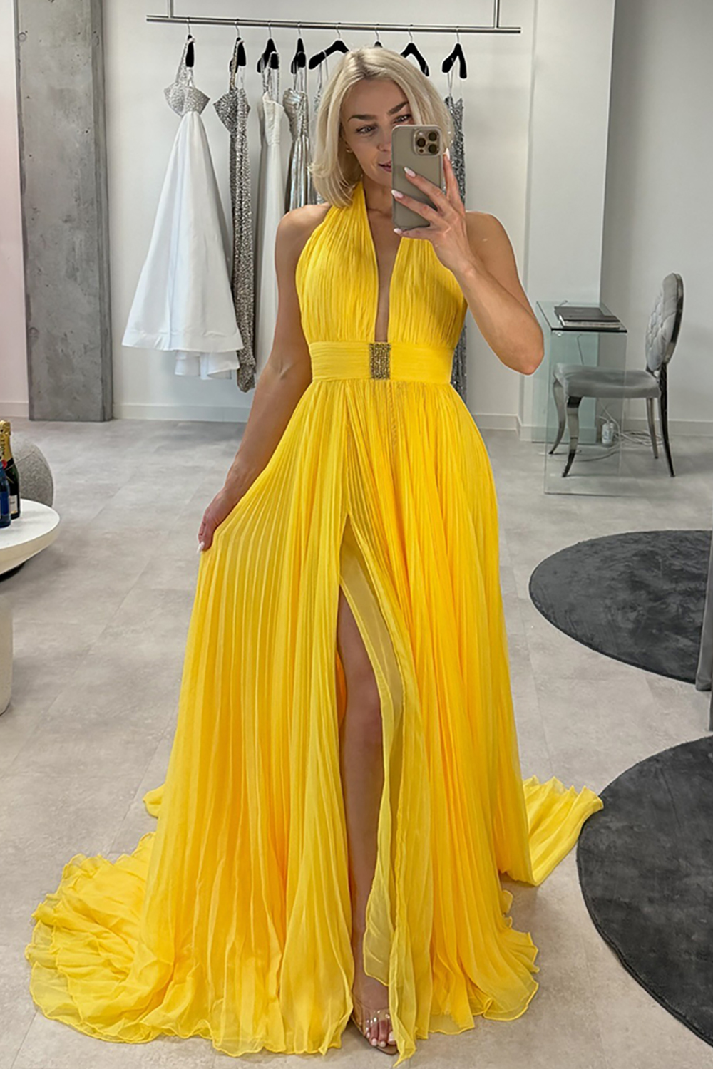 Yellow Chiffon Pleated Halter A-Line Long Prom Dress with Slit