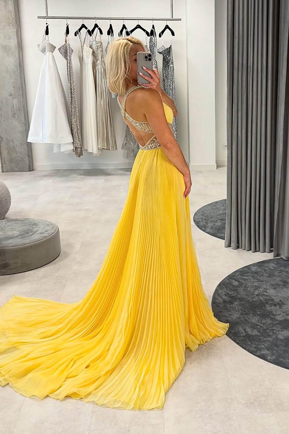 Sparkly Yellow Chiffon Pleated V-Neck A-Line Long Prom Dress with Beading