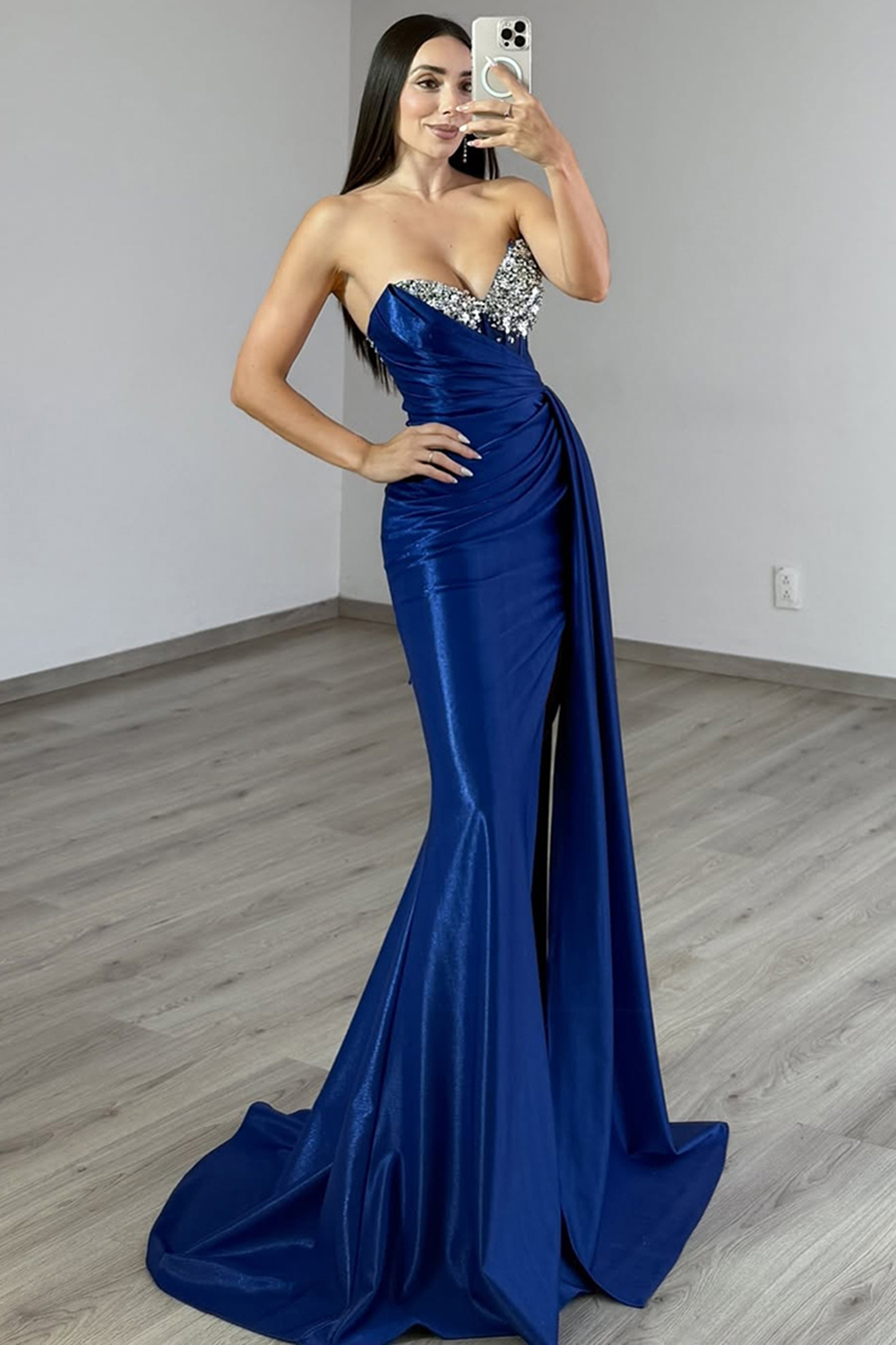 Sparkly Navy Satin Sweetheart Corset Long Prom Dress with Rhinestones