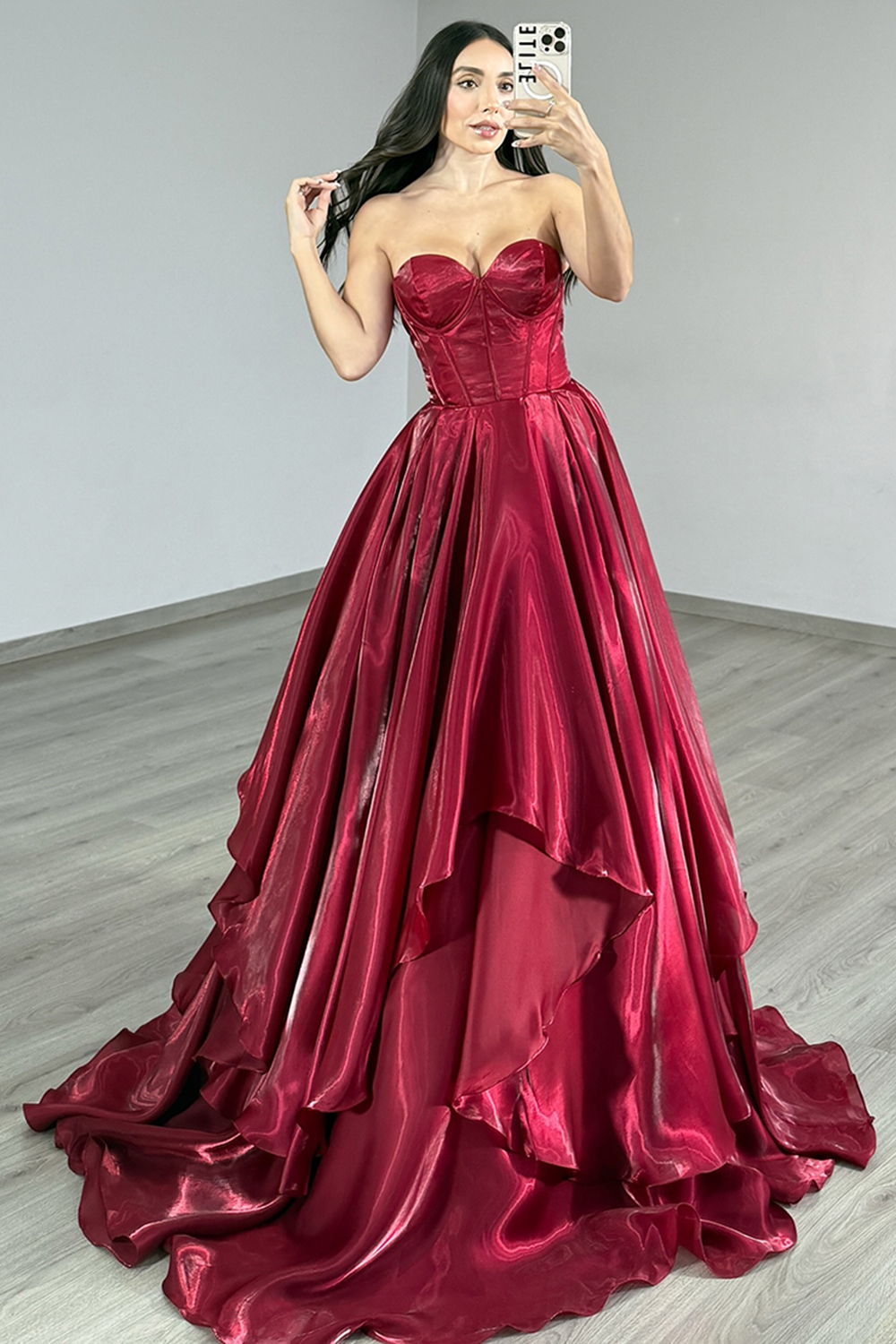 Burgundy A Line Satin Long Corset Prom Dress with Ruffles
