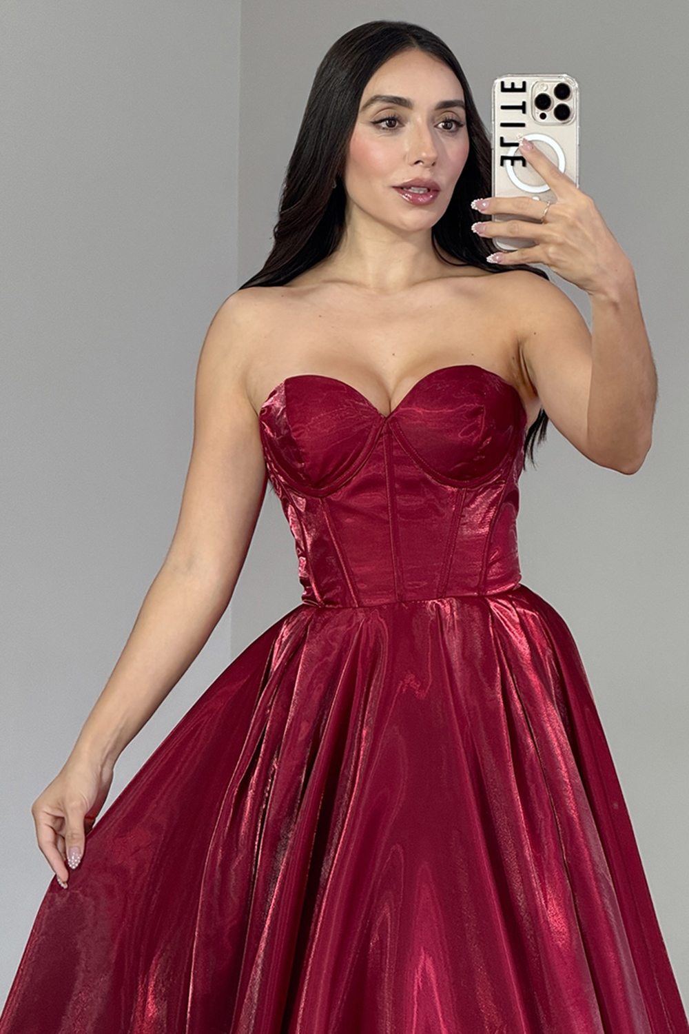Burgundy A Line Satin Long Corset Prom Dress with Ruffles