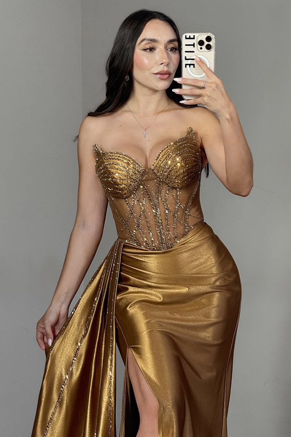 Sparkly Golden Mermaid Satin Corset Beaded Long Prom Dress with Slit