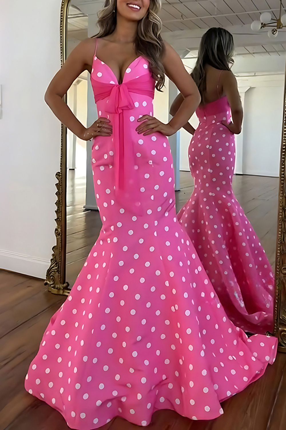 White Black Dot Mermaid Satin Spaghetti Straps Long Prom Dress with Sash