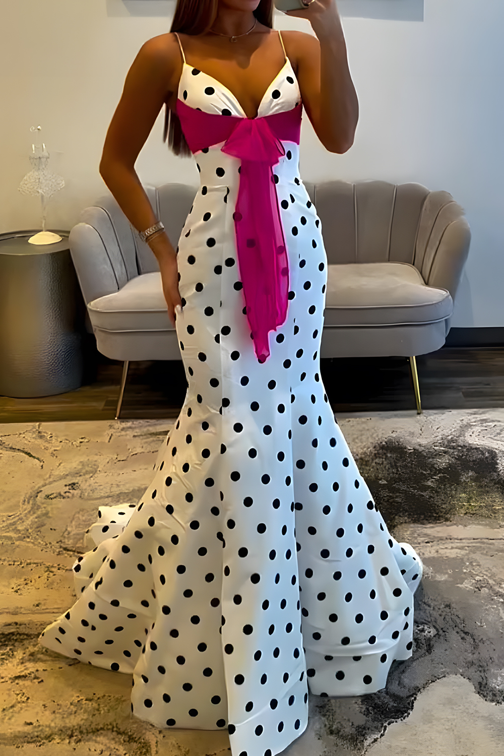 White Black Dot Mermaid Satin Spaghetti Straps Long Prom Dress with Sash