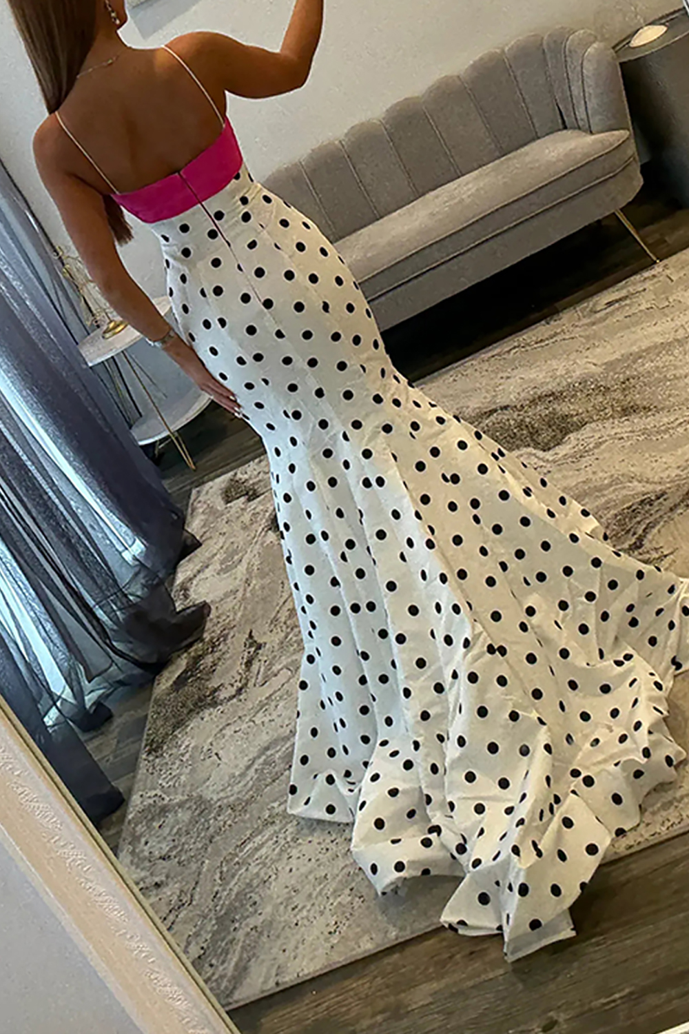 White Black Dot Mermaid Satin Spaghetti Straps Long Prom Dress with Sash