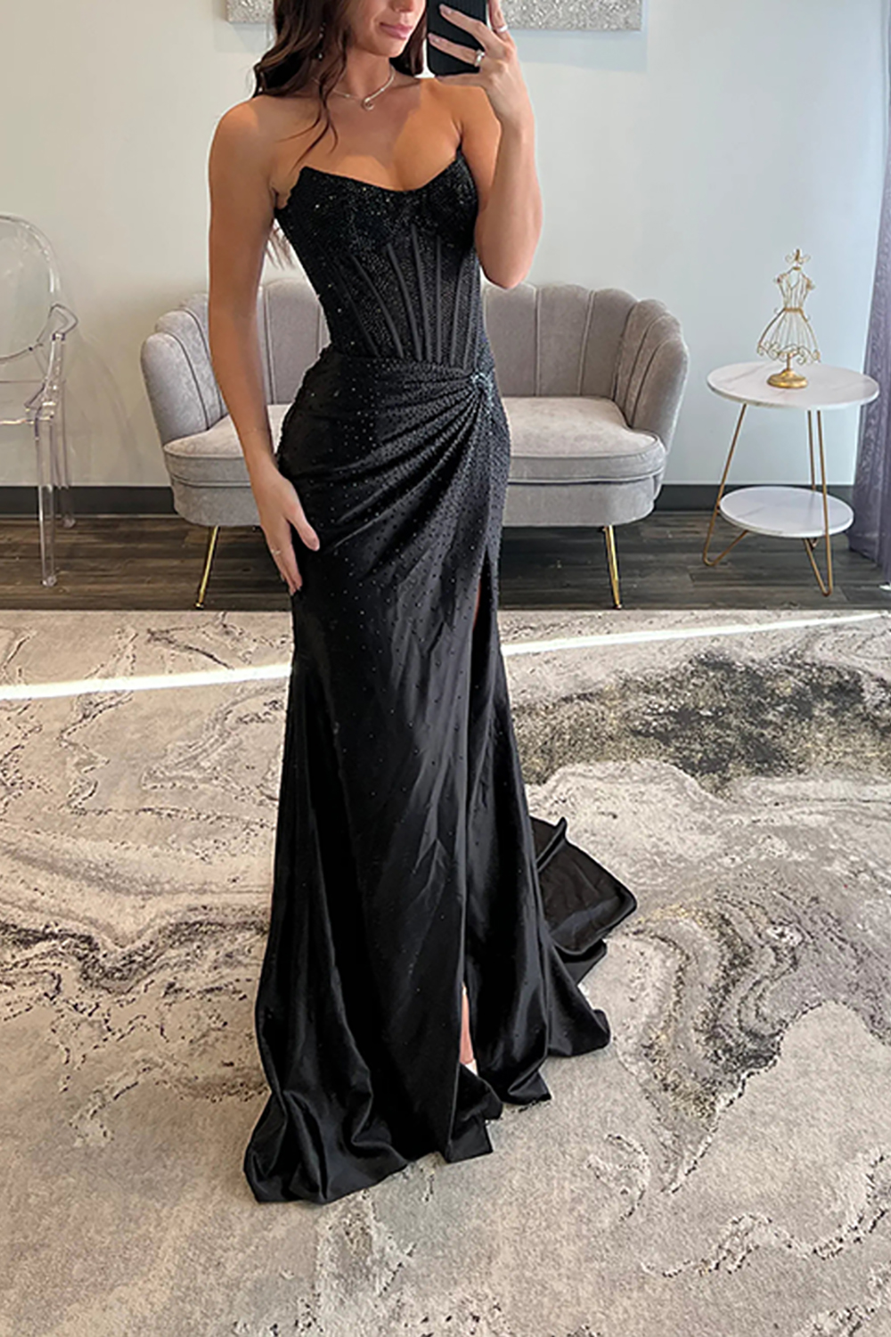 Sparkly Blush Sheath Satin Long Corset Ruched Prom Dress with Slit