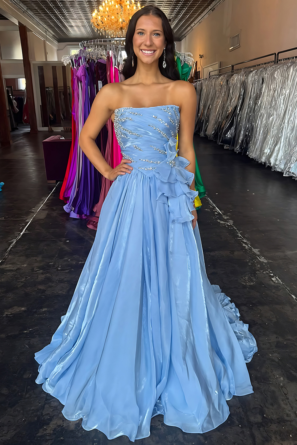 Sparkly Blue A Line Ruffled Strapless Long Prom Dress with Rhinestones