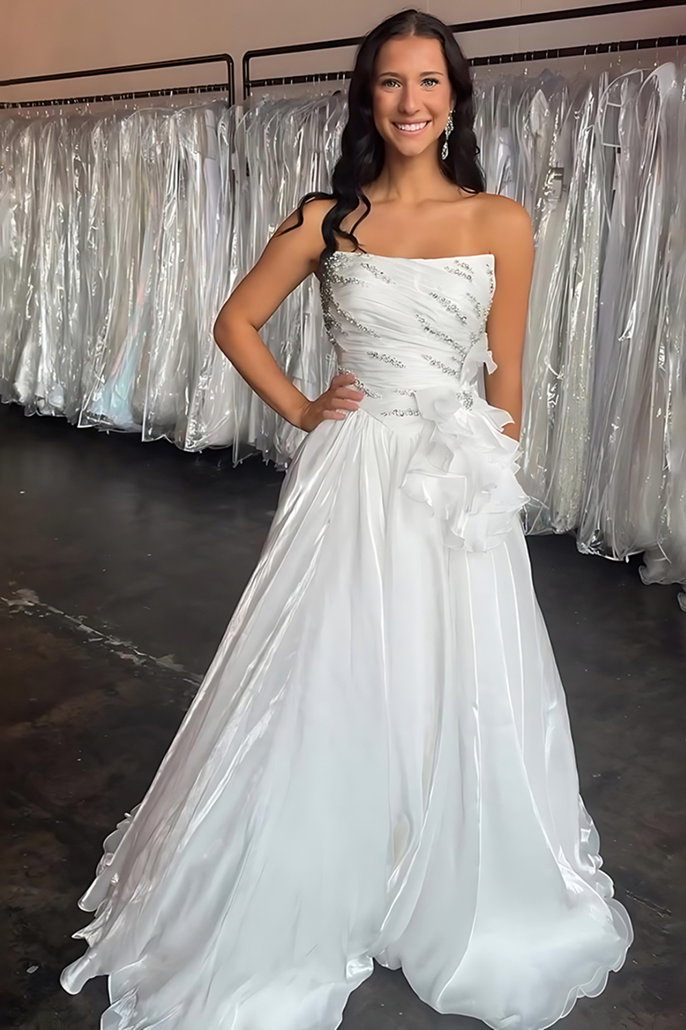 Sparkly Blue A Line Ruffled Strapless Long Prom Dress with Rhinestones