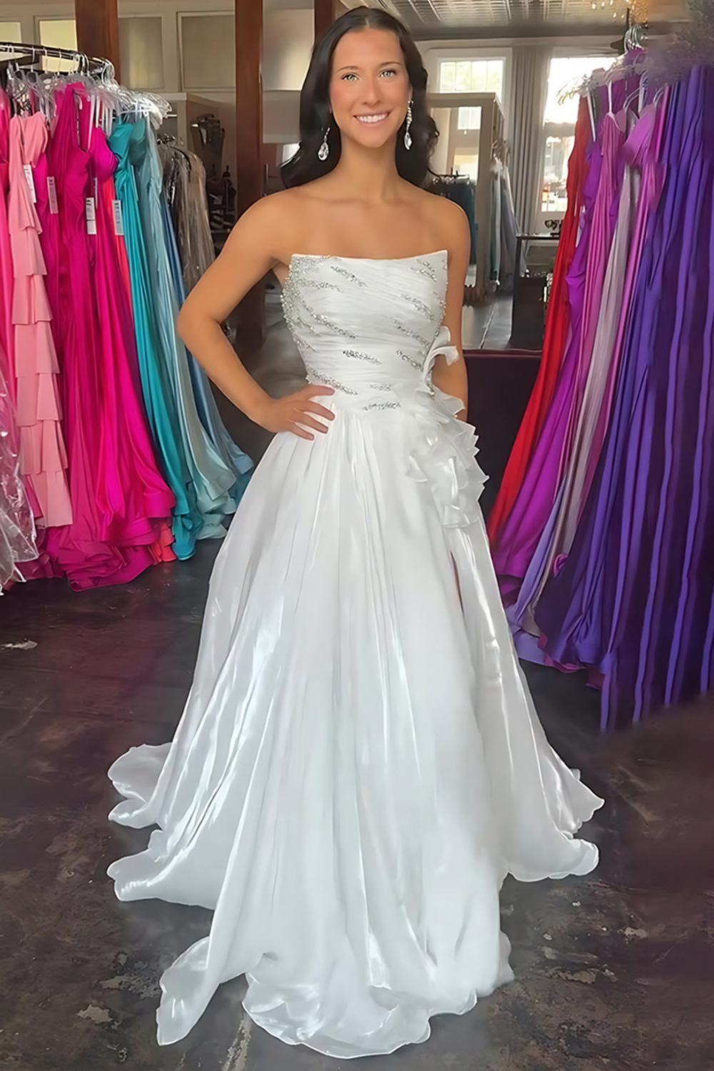 Sparkly Blue A Line Ruffled Strapless Long Prom Dress with Rhinestones