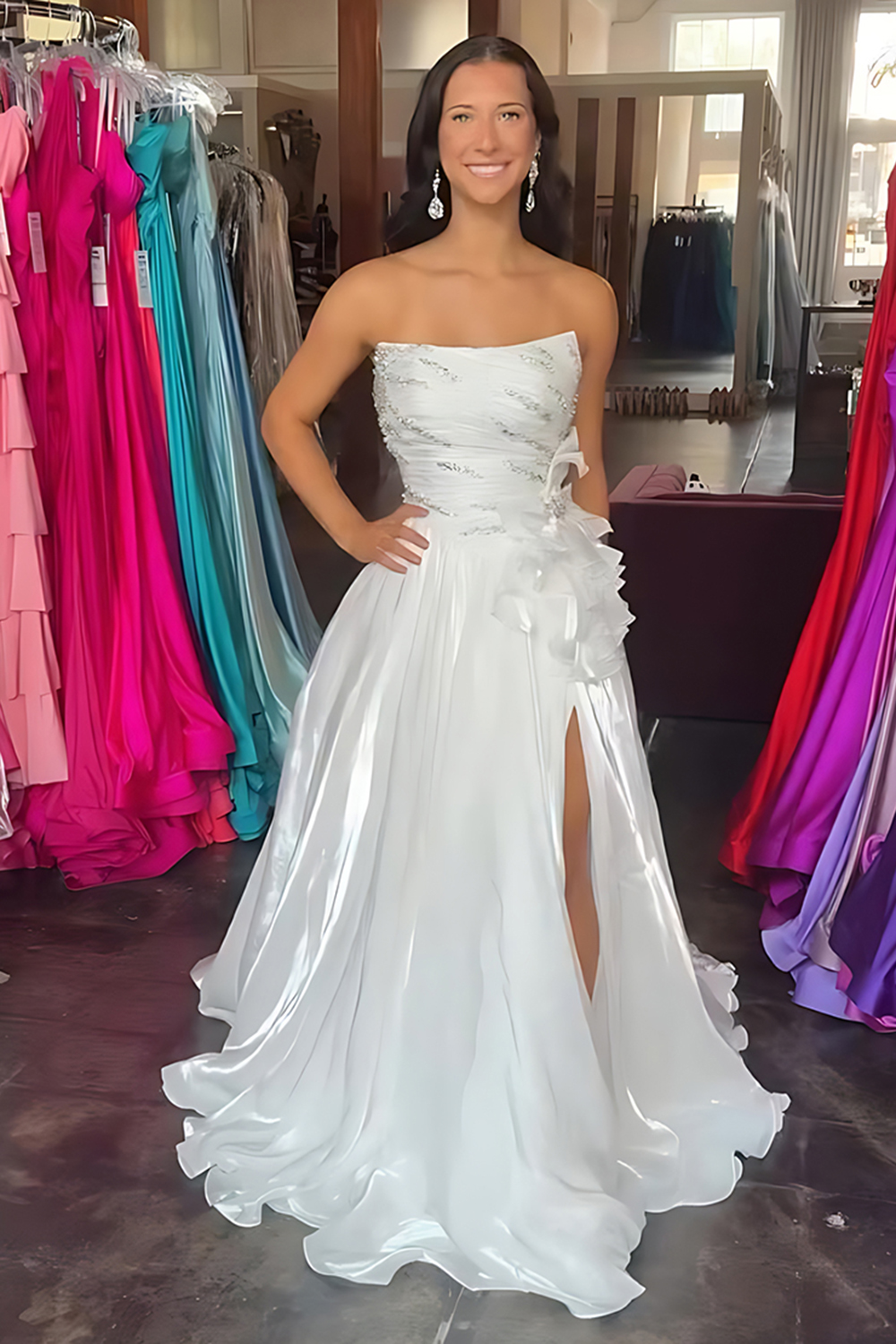 Sparkly Blue A Line Ruffled Strapless Long Prom Dress with Rhinestones