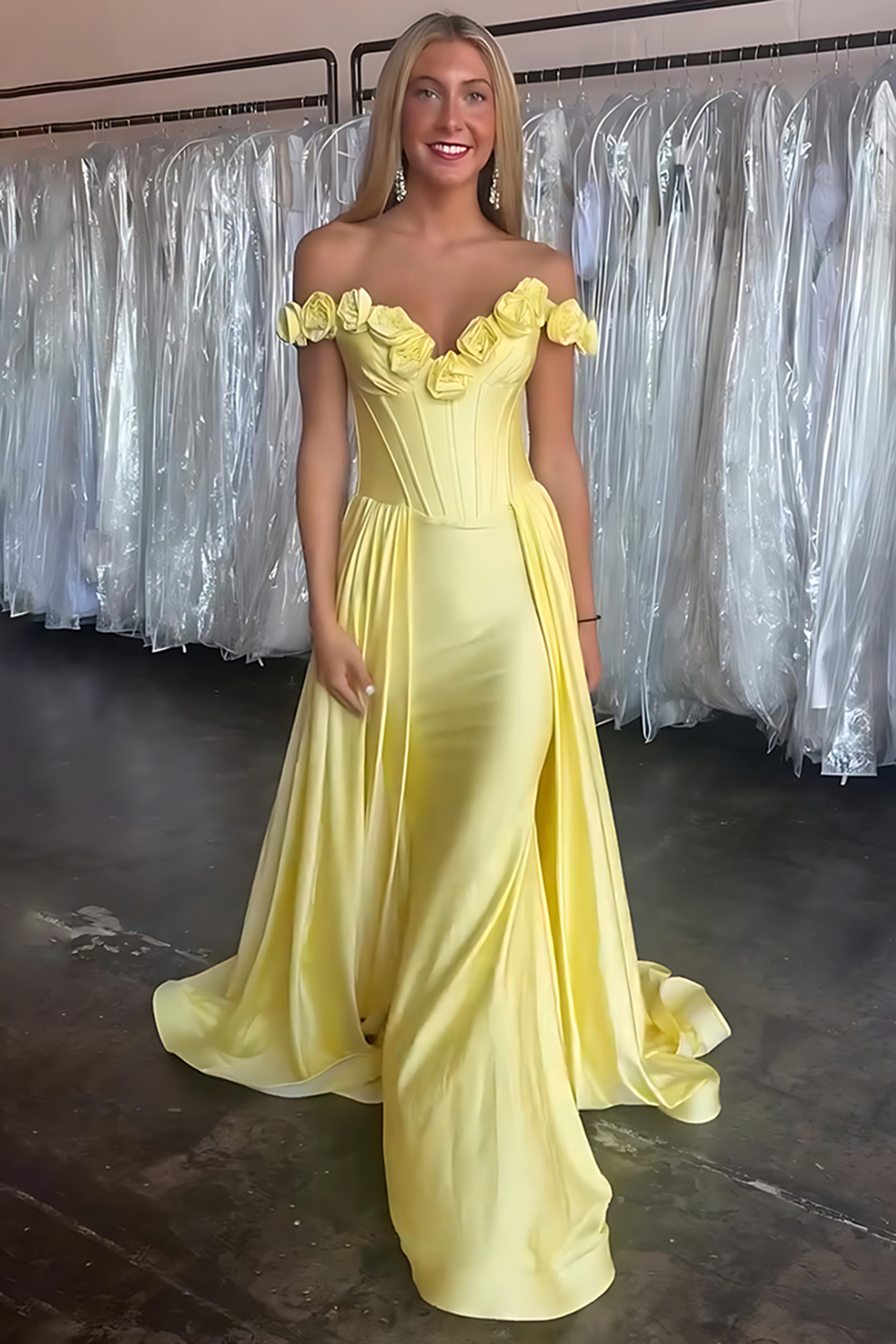 Yellow Floral Satin Off the Shoulder Long Corset Prom Dress with Cape