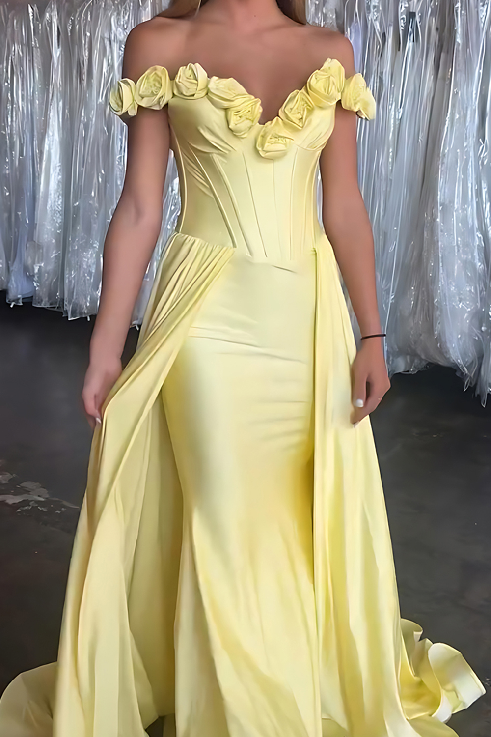 Yellow Floral Satin Off the Shoulder Long Corset Prom Dress with Cape