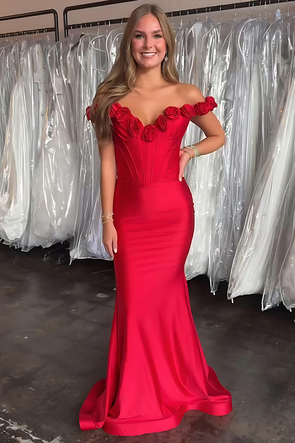 Red Mermaid Floral Satin Off the Shoulder Corset Long Prom Dress