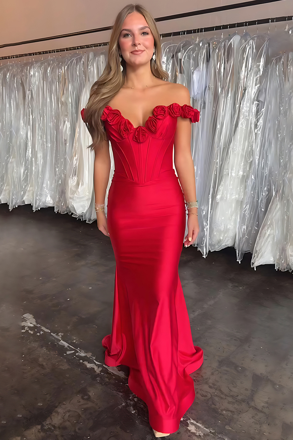 Red Mermaid Floral Satin Off the Shoulder Corset Long Prom Dress